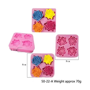 Detailed view of 4-cavity rose silicone fondant mold for DIY baking and handmade soap crafts