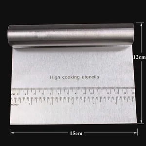 Detailed view of stainless steel dough scraper showing precise measurement scale and size
