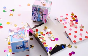 Detail of DIY surprise explosion bouncing box with confetti and custom photo printing