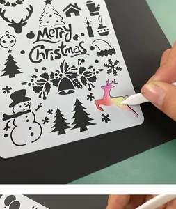 Close-up view of a Christmas themed DIY stencil being used for rainbow scratch art