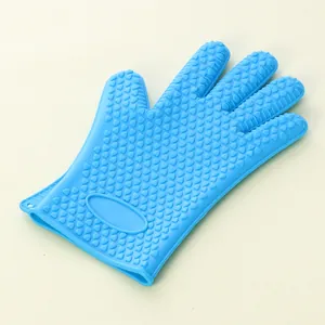 Gant en silicone bleu résistant à la chaleur avec motif de cœur antidérapant pour la cuisine