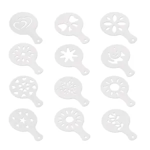 Set of 12 plastic coffee latte stencils with diverse decorative flower and heart patterns