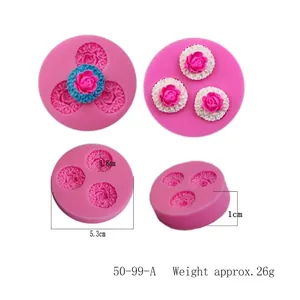 Detailed view of 3-hole rose silicone mold with 5.3cm diameter and 26g weight.
