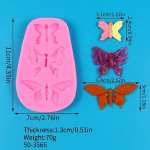 Silicone mold for three butterfly sizes showing dimensions for fondant cake decoration