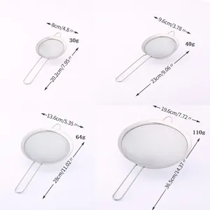 Detailed size chart of stainless steel flour sifters with metric measurements
