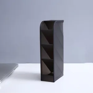 Vertical desk pen holder organizer with four slanted compartments in translucent dark grey