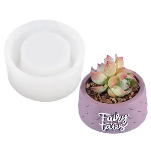 Round white silicone mold for DIY succulent flowerpots with Fairy Tales embossed design