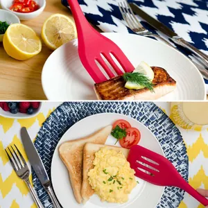 Detail showing a red multi-functional silicone spatula in a breakfast scene
