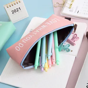 Large capacity pink PU pencil case with 'Love What You Do' print and pastel pens