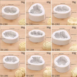 Detailed 3x3 grid view showing 9 styles of silicone mooncake molds with dimensions and weight