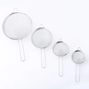 Set of four stainless steel mesh strainers in varying sizes displayed on a white background