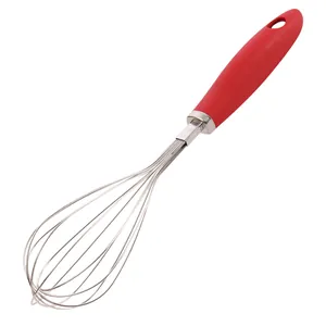Vista dettagliata del manico in silicone rosso e dei fili in acciaio inox della frusta manuale.