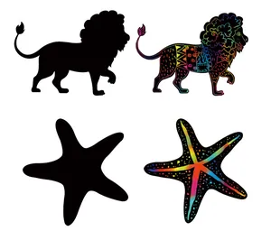 Creative animal shaped scratch art paper for children's DIY rainbow craft projects.