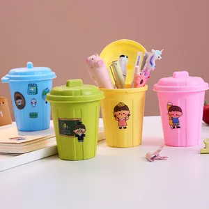 Creative Desktop Mini Trash Can With Lid Cute Plastic Pen Holder Office School Supplies Stationery Storage Box Desk Organizer