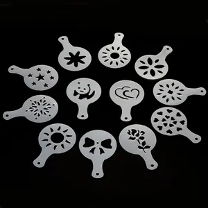Set of 12 plastic coffee latte art stencils with various floral and heart patterns