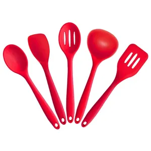 5-piece red heat-resistant silicone kitchen utensil set featuring spoons and spatulas