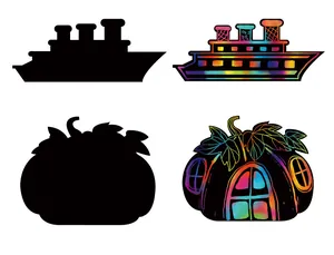 Comparison of ship and pumpkin scratch art shapes showing black and rainbow effects