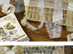 Detail showing vintage white and gold lace patterns on transparent PET decorative tape