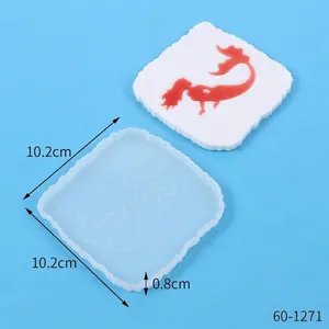 Detailed view of the square silicone coaster mold with mermaid pattern and dimensions.
