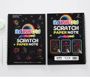Front and back covers of a rainbow scratch paper notebook with colorful icons