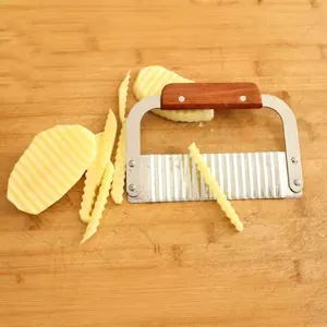 Stainless steel wavy crinkle cutter with wooden handle for slicing potatoes and fries