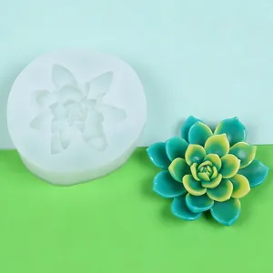 Detailed view of 3D succulent silicone mold with finished teal and yellow resin flower