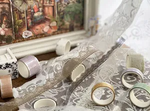 Detailed view of vintage lace pattern PET washi tape set for scrapbooking and DIY crafting