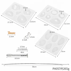 Detailed dimension chart for silicone molds and DIY necklace craft tool kit components.
