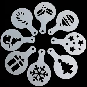 Coffee art stencils set with Christmas themed patterns and 8.5cm diameter specs
