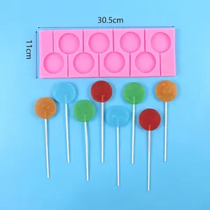 Detalle del molde de silicona para piruletas redondas de 8 huecos con dimensiones y peso