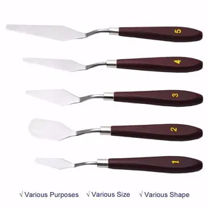 Detailed view of 5-piece stainless steel offset spatula set with wooden handles