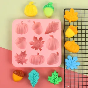 9-cavity pumpkin acorn and maple leaf silicone mold for DIY Halloween treats.