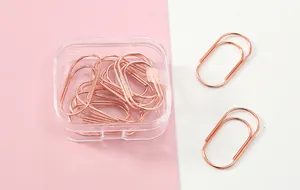 Detailansicht roségoldener Büroklammern aus Metall in einer Klarsichtbox aus Kunststoff