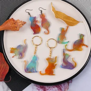 Vista dettagliata di ciondoli e portachiavi colorati in resina a forma di gatto