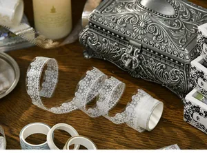 Macro view showing delicate white lace patterns on transparent PET decorative tape