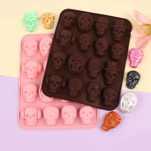 Close-up of Halloween skull silicone molds for chocolates featuring diverse skull designs