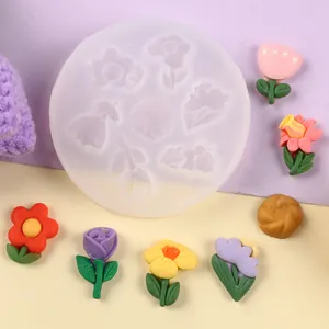 Macro detail of multi-pattern flower silicone mold with colorful finished floral clay shapes