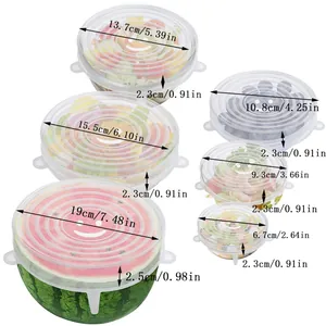 Detailed dimensions for 6 pieces of silicone stretch lids shown on various containers.