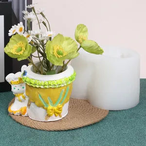 DIY rabbit planter silicone mold with finished flower pot showing intricate decorative details