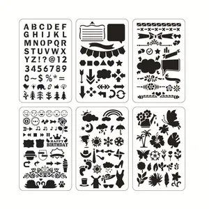 Set of 6 creative DIY drawing stencils with letters, numbers, and nature patterns.