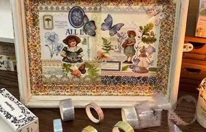 Macro view of vintage lace and PET decorative tapes paired with creative collage work