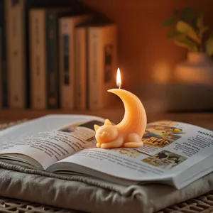 Detailed view of a lit cute cat moon scented candle on an open book