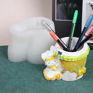 Detailed macro view of the rabbit planter silicone mold with finished resin pencil holder