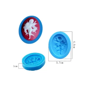 Detailed view of oval cherub silicone mold showing dimensions and sample output
