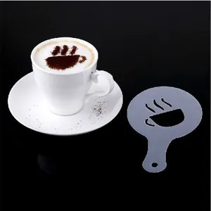 Detail view of a coffee art stencil showing a coffee cup design next to a latte.