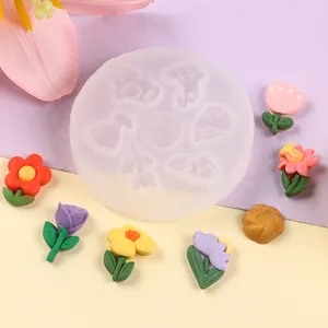 Detailed view of multi-flower silicone mold with colorful fondant samples for DIY cake decor.