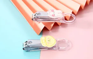 Close-up of cute cartoon nail clippers with transparent handles and animal patches.