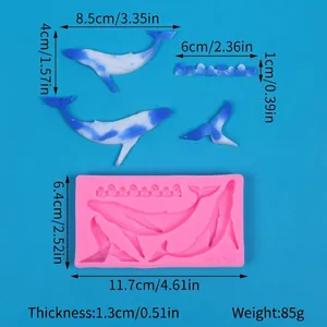 Dimensions détaillées du moule en silicone baleine et vague pour savon et fondant