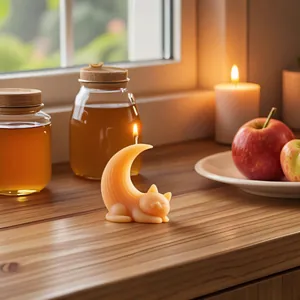 Close-up of a cute orange cat sleeping on a crescent moon scented candle decoration.