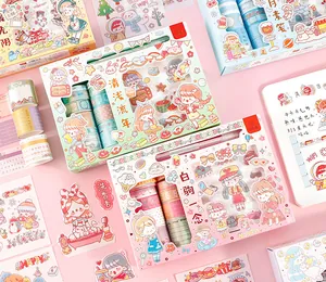Set of cute cartoon scrapbooking stickers and washi tapes for DIY journals